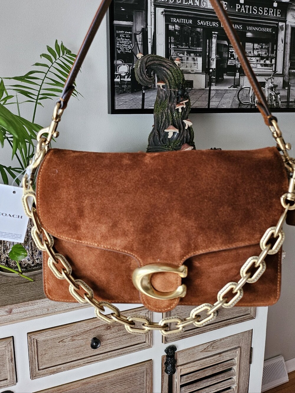 Coach Warm Brown Suede Chain Tabby